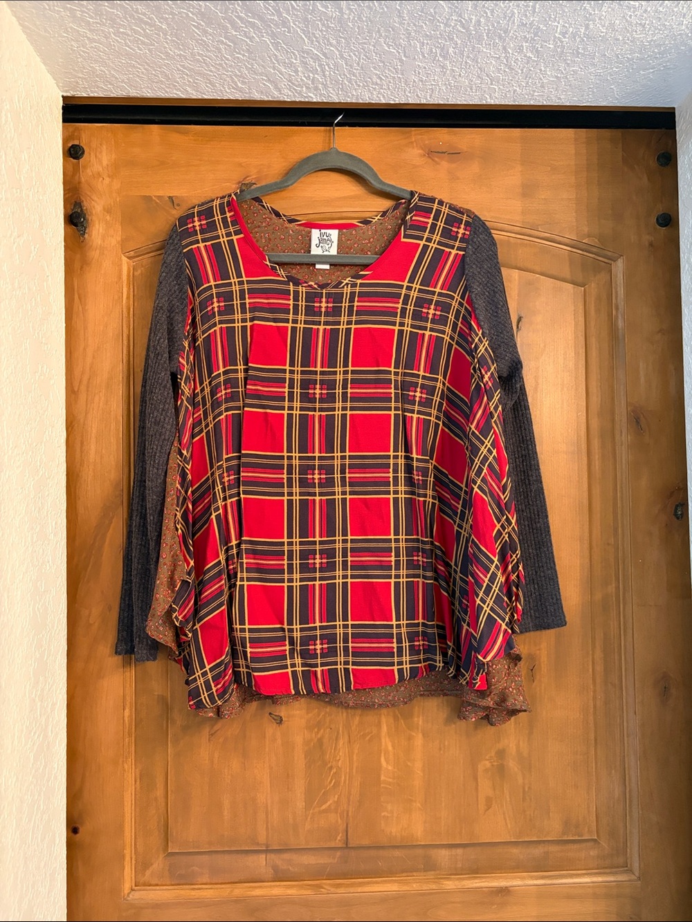 ivy jane Red and Navy Plaid Layered Top with Rust Floral Lining
